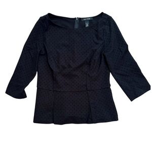 White House Black Market size 6 mid sleeve picks dotted black top